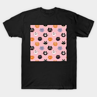 Cat Faces Pattern on Pink T-Shirt